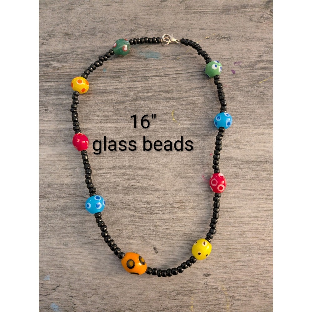 Handmade Multi Color Glass Bead Necklace 16 Inch Black Seed Beads Boho Eclectic